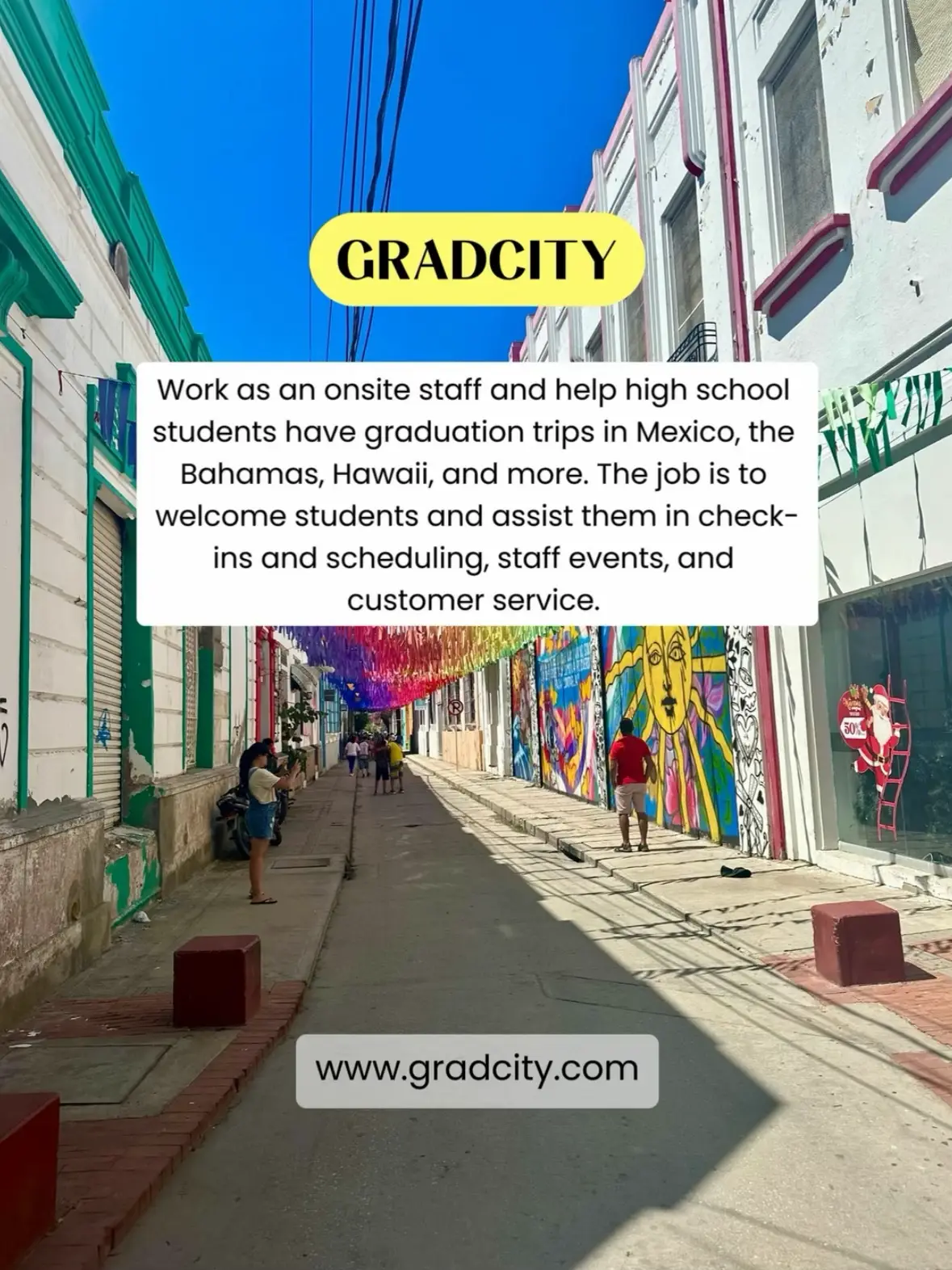  A street with a sidewalk and a building with a sign that says "work as an onsite staff and help high school students have graduation trips in Mexico, the Bahamas, Hawaii, and more. The job is to welcome students and assist them in check-ins and scheduling, staff events, and customer service."