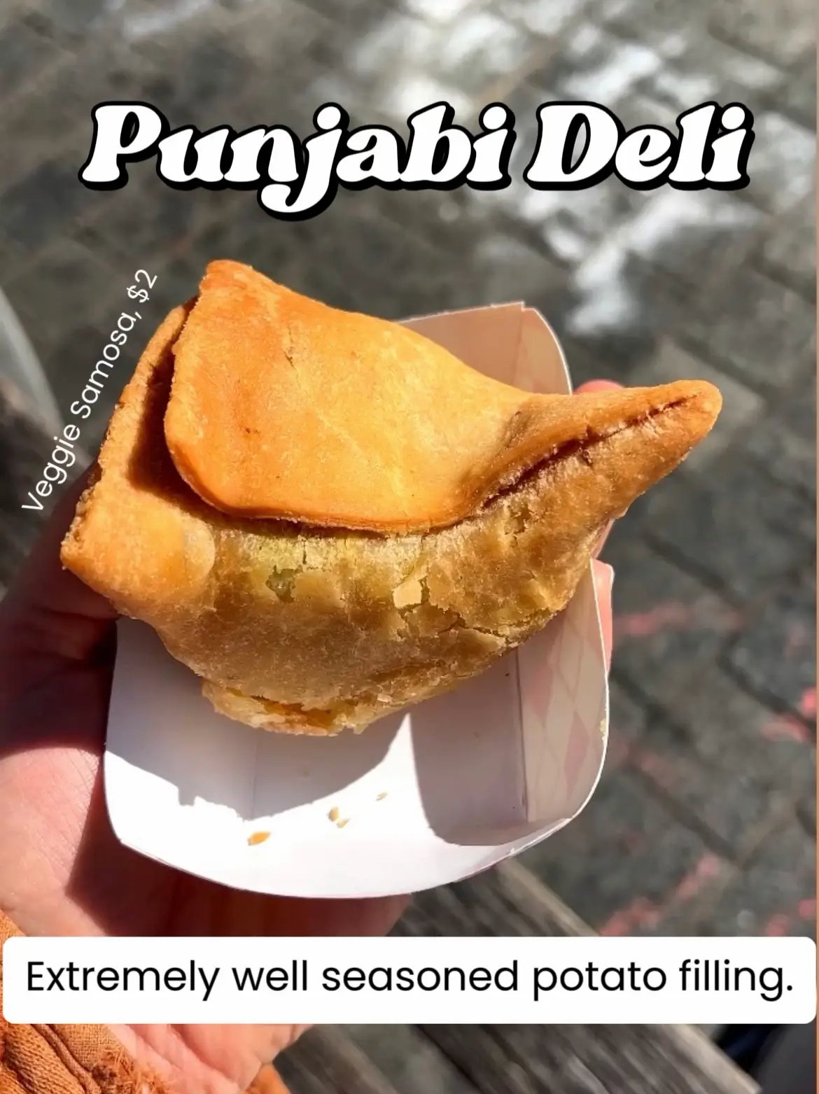  A person is holding a small container of Punjabi Deli Veggie Samosa.