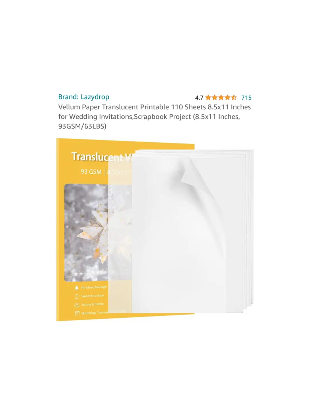 Lazydrop Vellum Paper Translucent Printable 110 Sheets 8.5x11 Inches for Wedding Invitations,Scrapbook Project (8.5x11 Inches, 93GSM/63LBS)