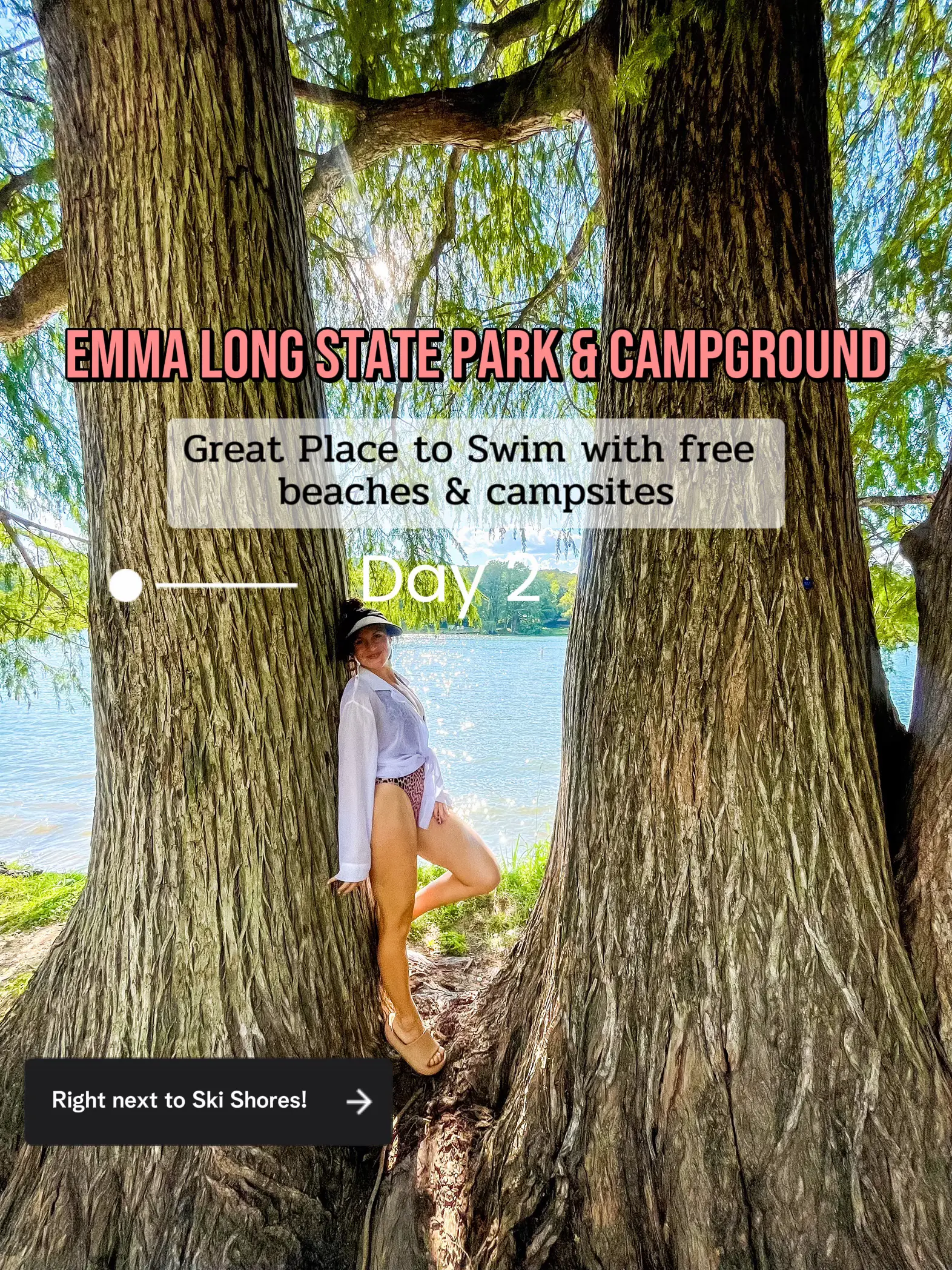  A woman is standing in front of a tree and a sign that says Emma Long State Park & Campground.