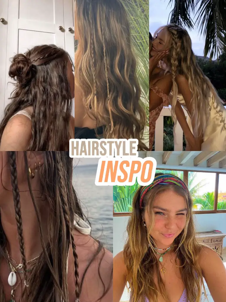  A collage of images of a woman with long hair.