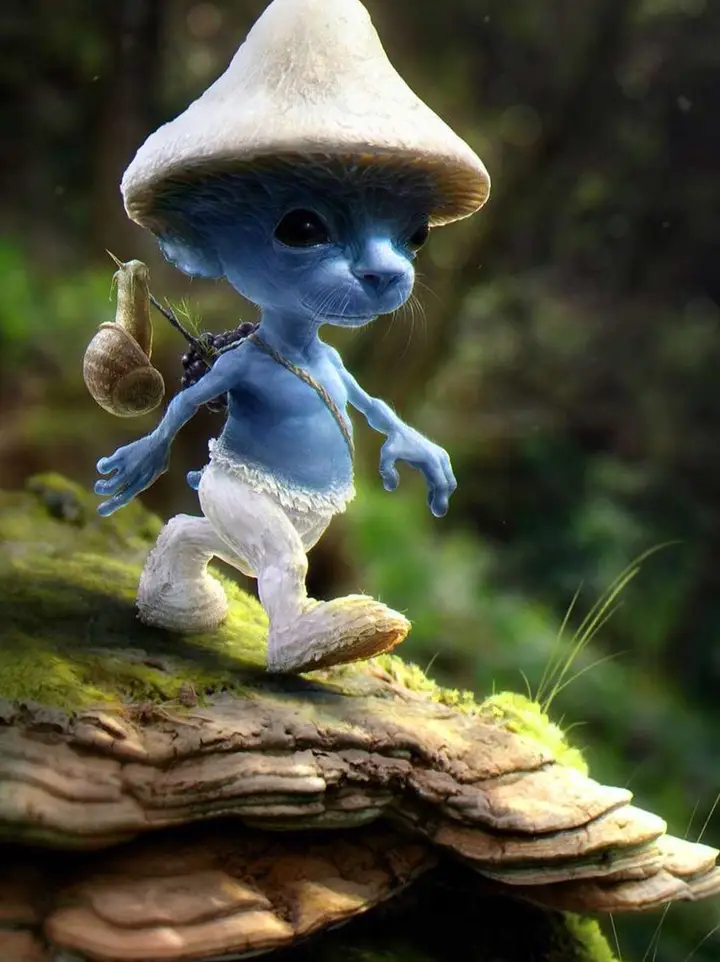 smurf cat, blue cat, cute cartoon blue kitten in a cap