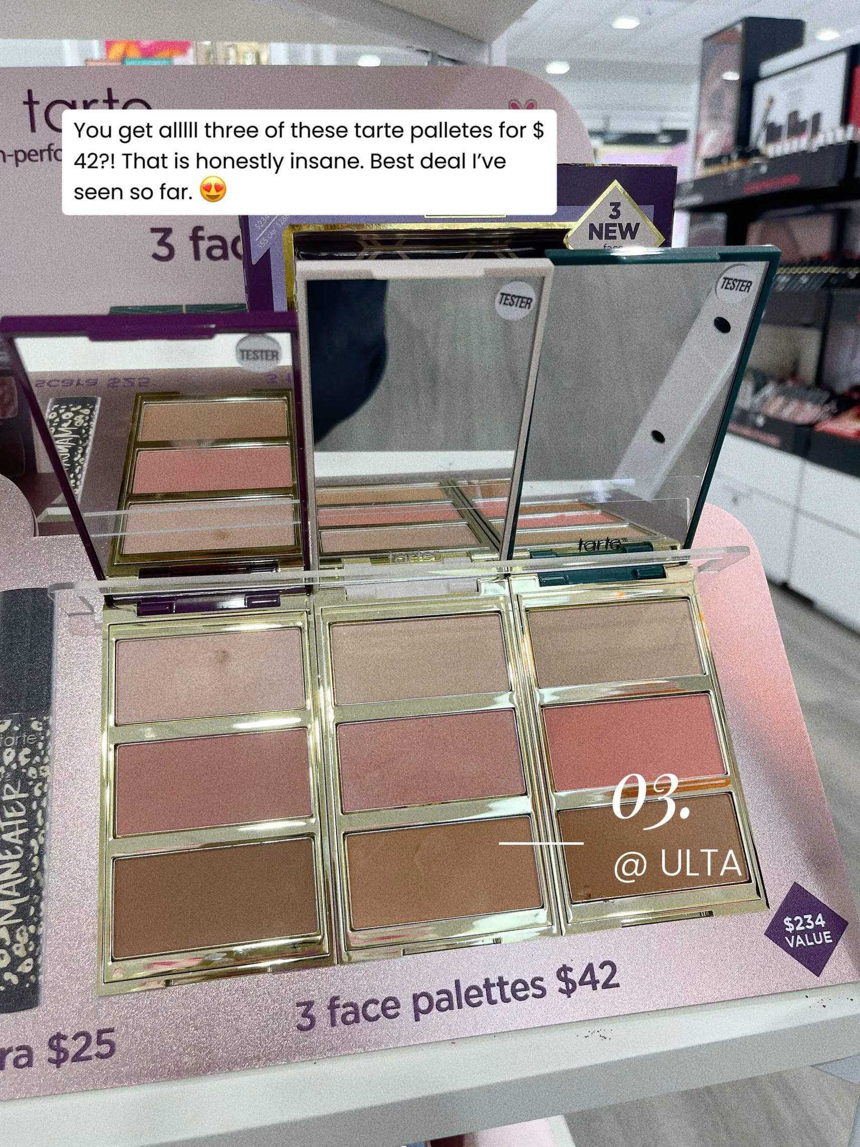  A display of makeup products with a price of $42.
