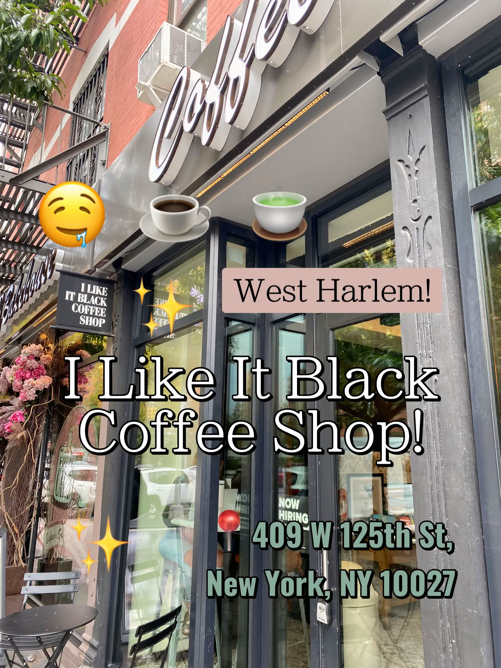  A coffee shop with a green awning and a sign that says "I like it black coffee shop".