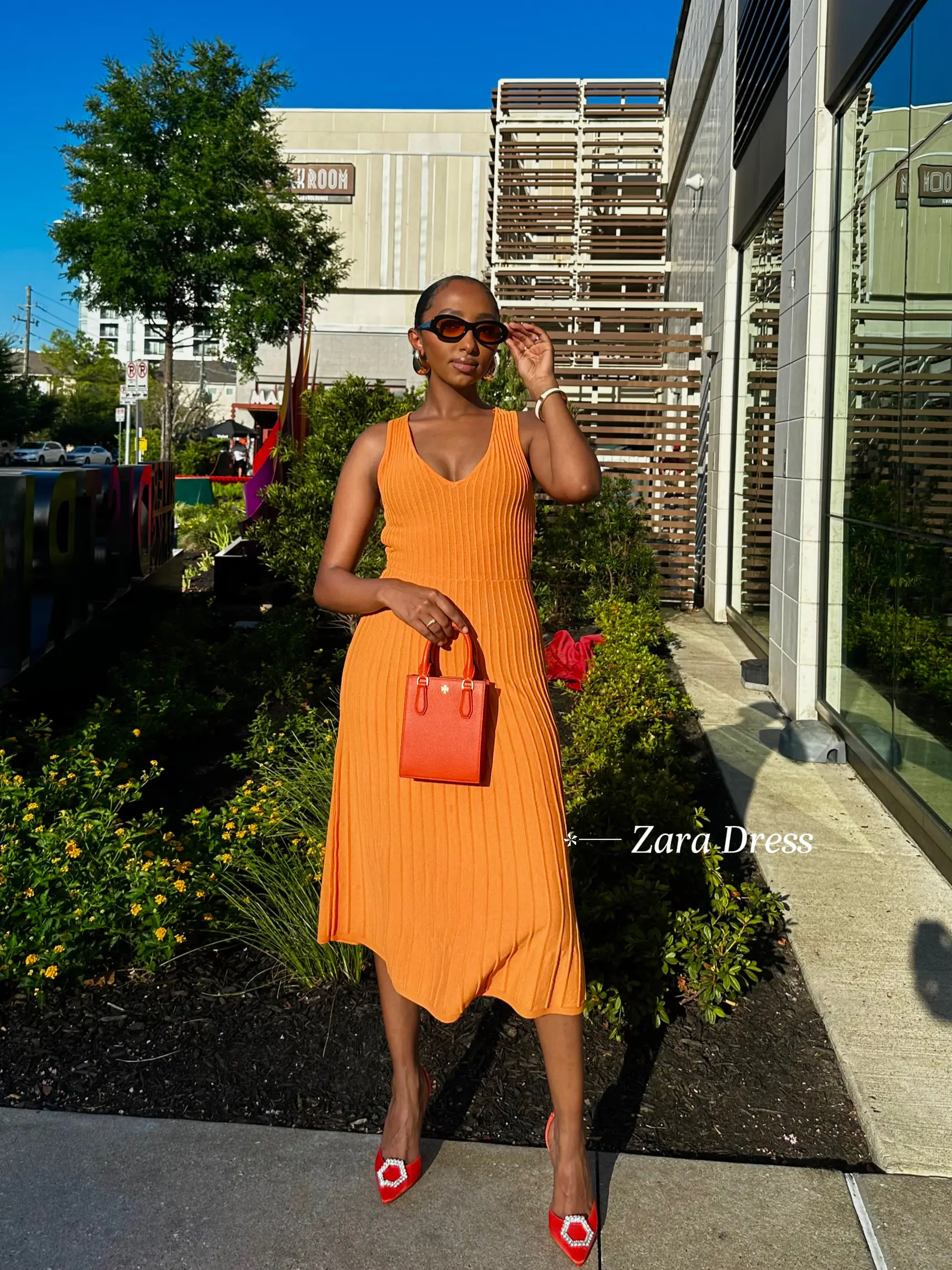 Zara orange best sale pleated dress