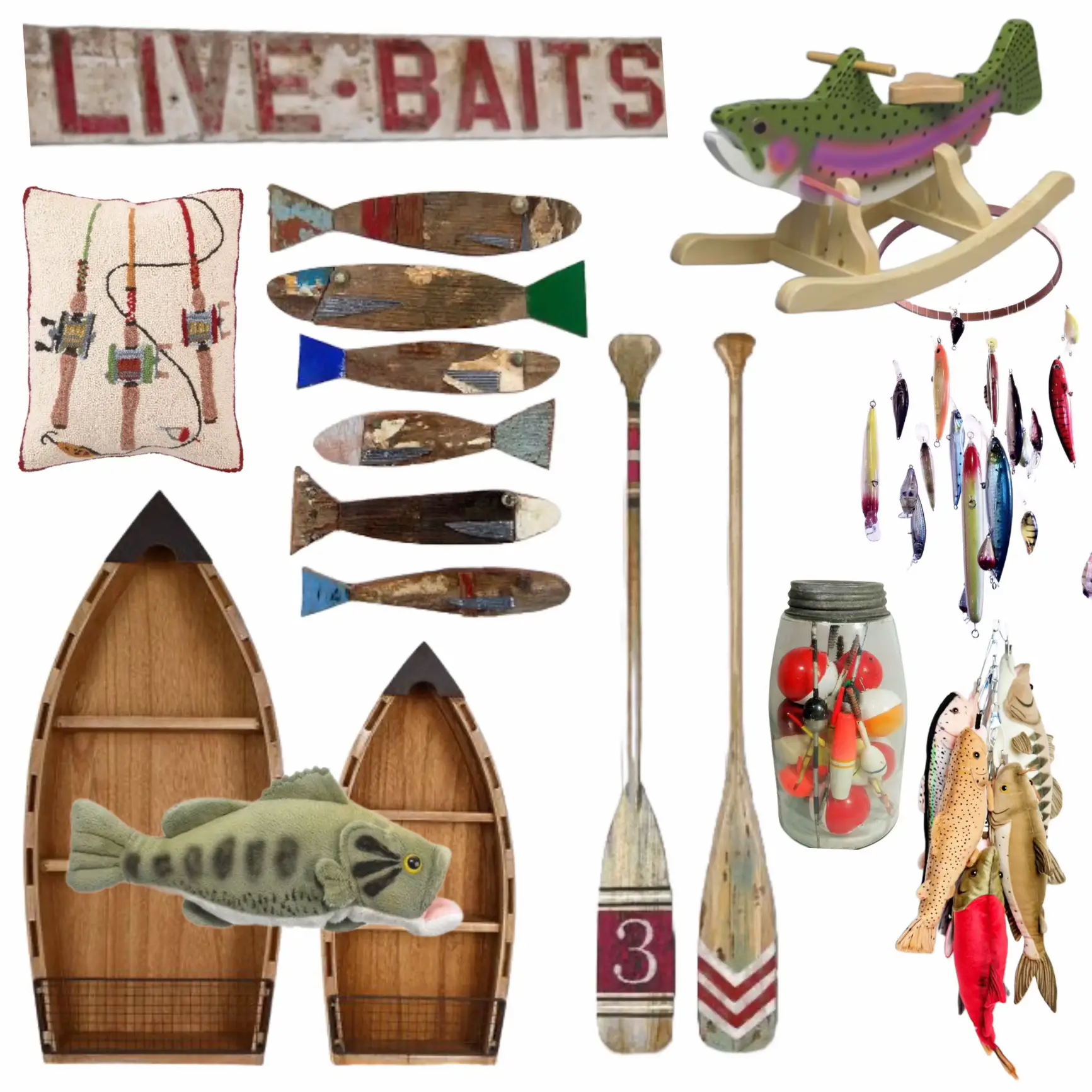 Fishing pole wall collage. Made this last weekend for a wall at our cabin.  We bought the wooden fish at Hobby Lobb…