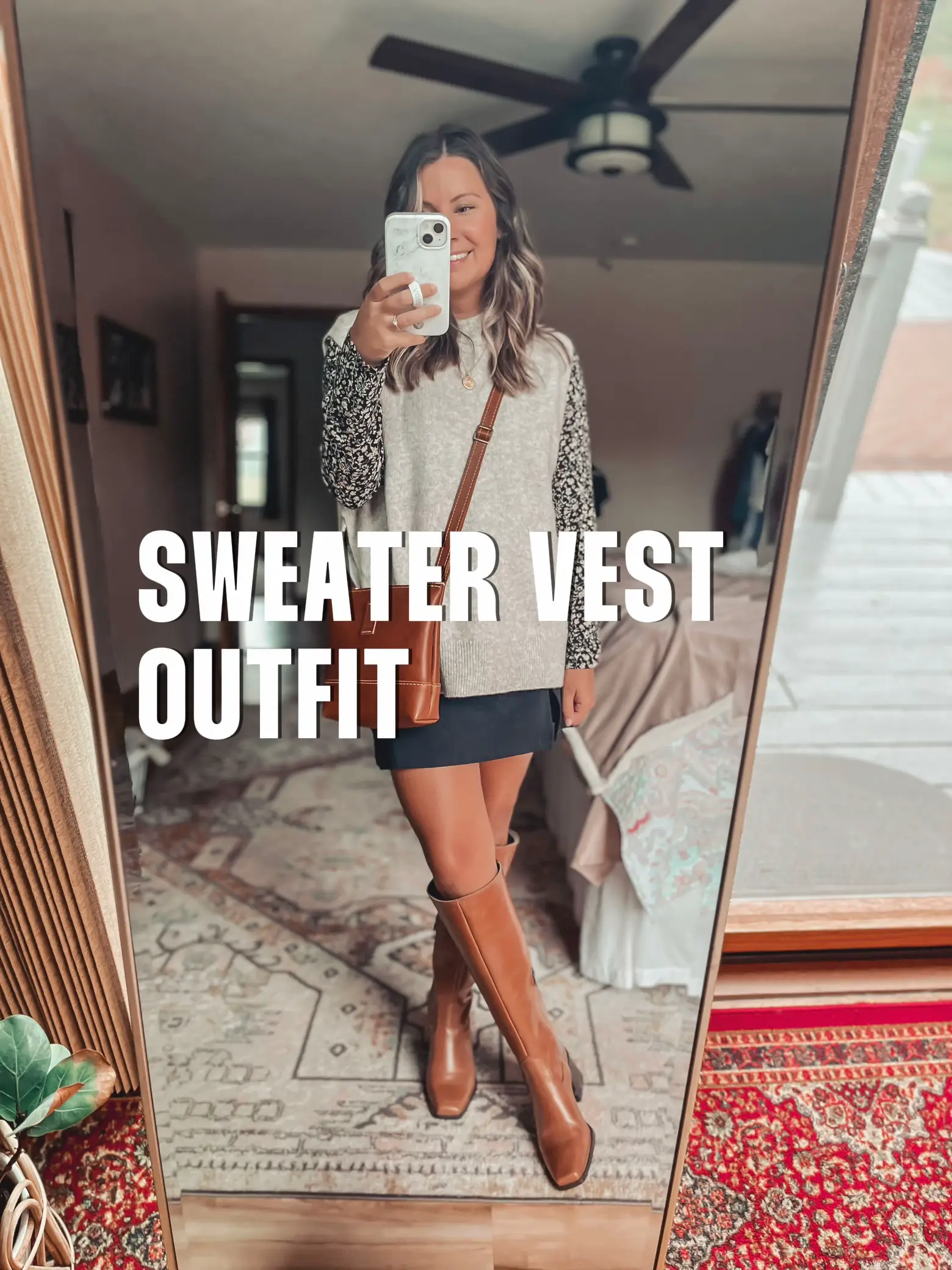 casual fall weekend outfit preppy quilted vest cable knit sweater