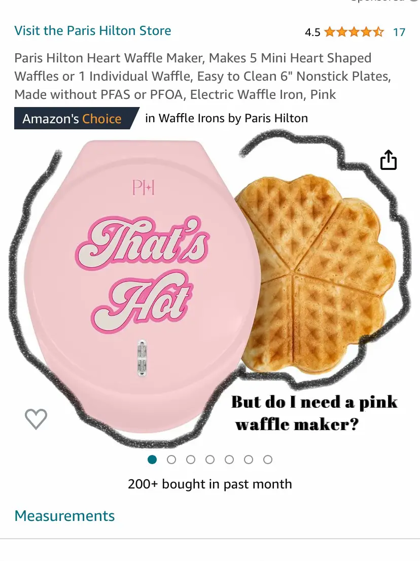 Paris Hilton Heart Waffle Maker, Makes 5 Mini Heart Shaped Waffles or 1 Individual Waffle, Easy to Clean 6 Nonstick Plates, Made Without PFAS or