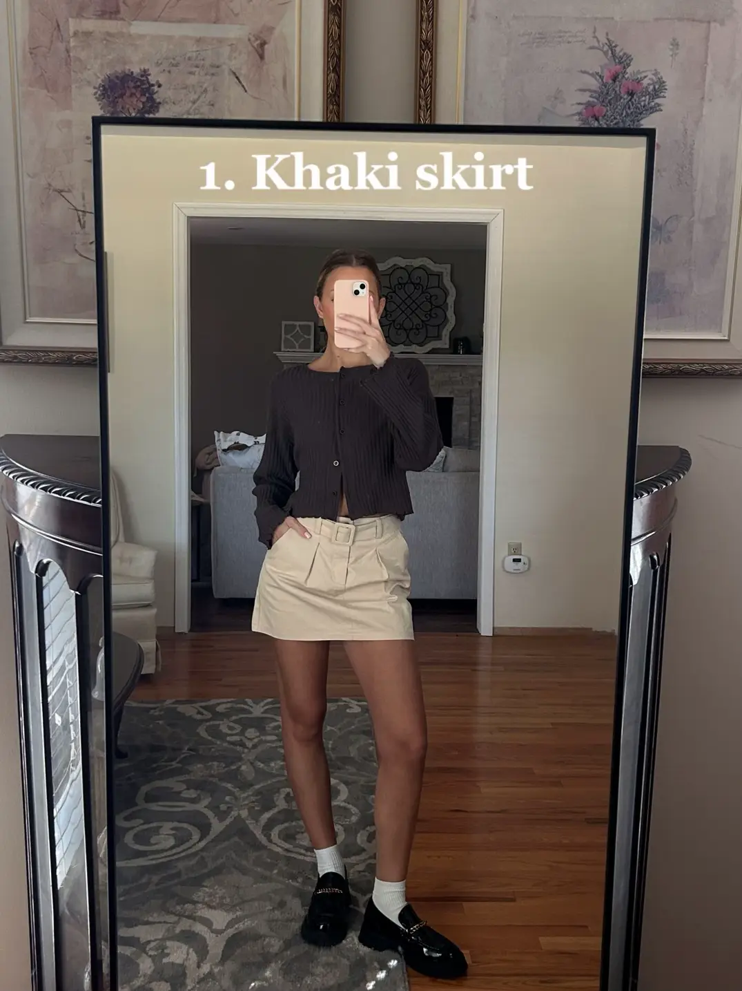 Khaki skirt black top best sale